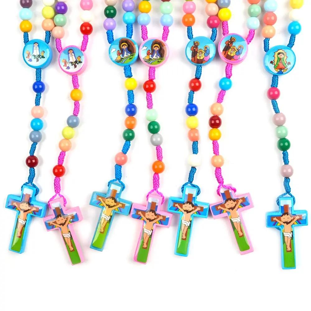 Catholic Cartoon Children Rosary Colorful Acrylic Beads Angel Pink Blue Holy Family Kids Cross Necklace