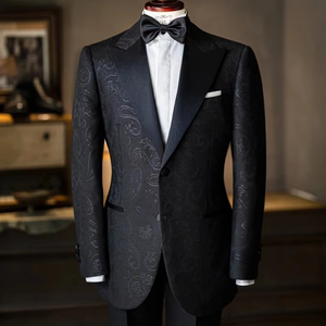 Costume de Luxe <span class=keywords><strong>sur</strong></span> <span class=keywords><strong>Mesure</strong></span> Homme Noir Jacquard Confection Personnalisée pour Mariages Soirées Simple Boutonnage Braguette Zippée Grandes Tailles - Product Image 1