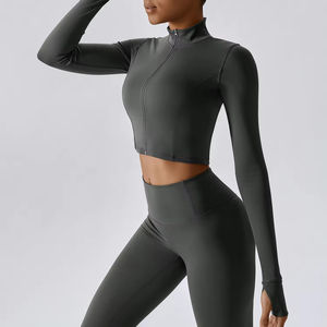 Vestes de sport à fermeture éclair avec trou pour le pouce Séchage rapide Manches longues Coupe ajustée Hauts de sport pour femmes Veste de course à pied Yoga - Product Image 3
