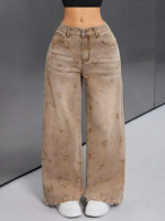 Jeans droits classiques délavés pour femme, style streetwear, coupe ample à ourlet brut vintage, vente en gros