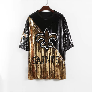 Robe décontractée Saireish personnalisée motif fleur de lys noir et or, avec sequins de football et franges perlées, taille naturelle, écologique - Product Image 3