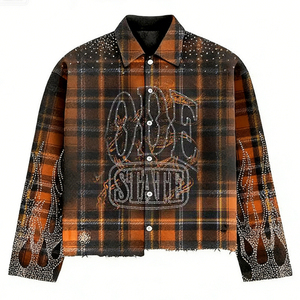 कस्टम पुरुषों के ढीले फिट फ्लैनेल शर्ट शर्ट लंबी आस्तीन ग्लिटर मोइल गैंडा कढ़ाई बटन प्लेड प्रिंटिंग - Product Image 5