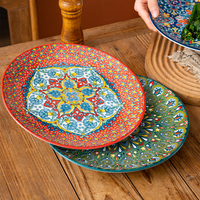 Ensemble d'assiettes en céramique de style bohème, motif ethnique coloré, assiette à dîner, assiette à fruits, assiette à steak, assiette à pâtes pour la décoration de la table de la cuisine à la maison