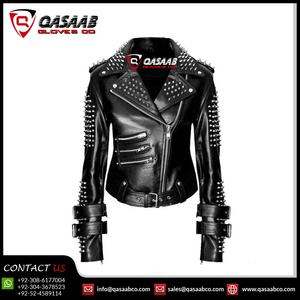 Long Zipper Breathable Quilted-Collar Handmade Varsity <b>Jacket</b> Women Black-Punk Silver-Spiked Studded Leather Biker <b>Denim</b> <b>Jacket</b> - Product Image 3
