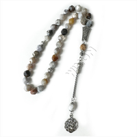 Chapelet de prière Misbaha en agate naturelle taillée en diamant, 10 mm, 33 perles avec accessoires en argent, Tasbih islamique, chapelet musulman