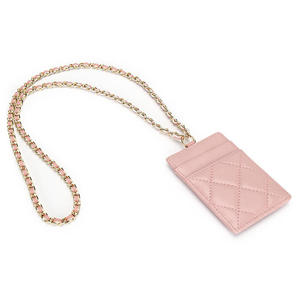 Porte-cartes en peau de mouton pour femme, en cuir véritable, avec chaîne de cou tendance, porte-cartes d'identité fins pour femme, pochette - Product Image 1