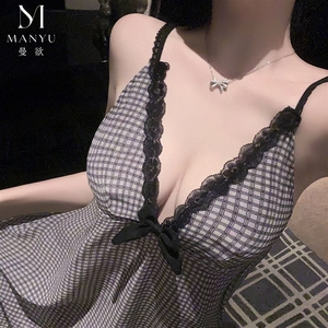 yims Lencería romántica, camisón coreano de encaje a cuadros con cuello halter para niñas, pijama <span class=keywords><strong>sexy</strong></span> con lazo 9561 - Product Image 3