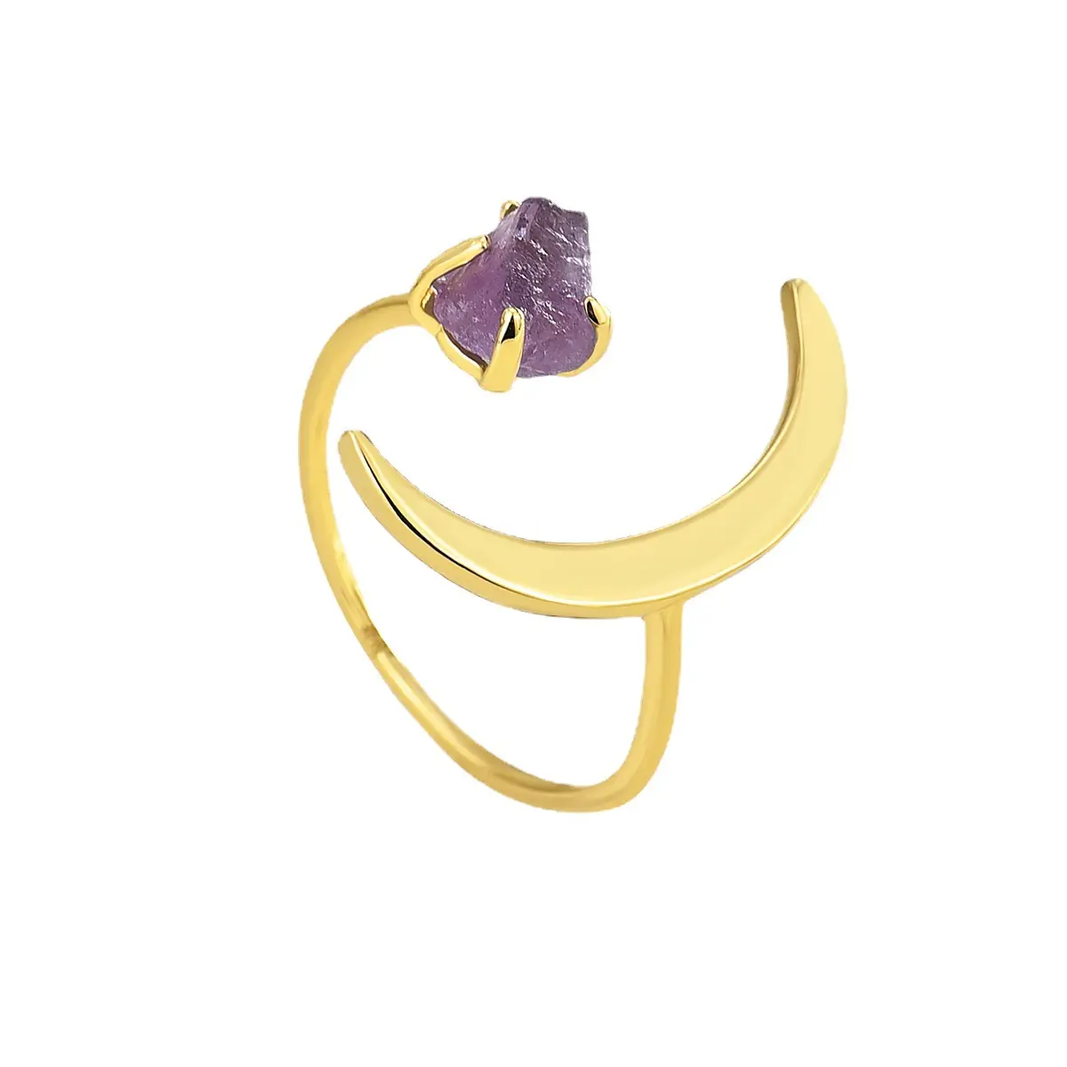 Korean Design Half Moon Open Ajustable Fashion Jewelry 18K Gold Plated Natural Purple Stone Ring For Women