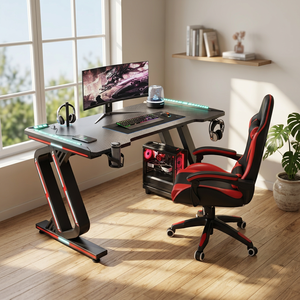 Bureau d'ordinateur en métal en forme de L avec écran RGB, surface en fibre de carbone pour jeux et <span class=keywords><strong>e</strong></span>-sport, chaises, tables, chambre/usage domestique - Product Image 2