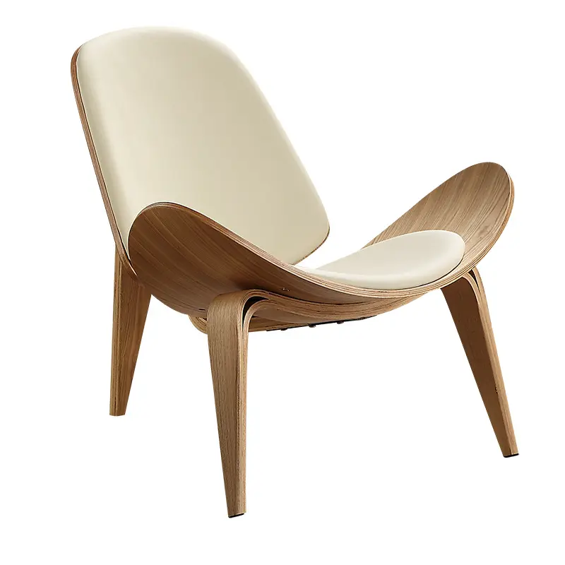 Nordic Design Houten Eetkamerstoel Lederen Gebogen Houten Schelp Fauteuil Café Smile Vrijetijdsstoel