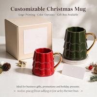 Tasse à café en céramique avec motif d'arbre de Noël en relief, tasses à eau pour couple avec poignée dorée, possibilité de personnaliser le logo, cadeau de Noël avec boîte cadeau
