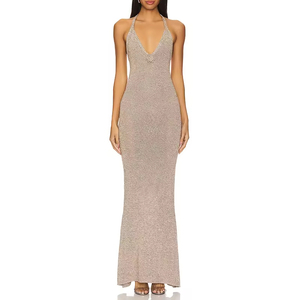 Knitwear Manufacturer Oem Odm 2025 Long Knitting Hollowout <strong>Dresses</strong> Summer Vacation Open Back Metallic Halterneck Sweater <strong>Dress</strong> - Product Image 1