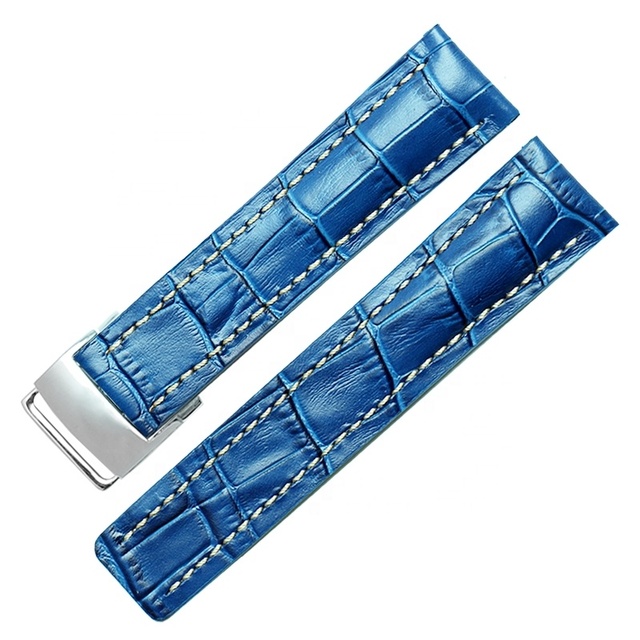High Quality 20mm 22mm 24mm Navy Blue Deployment Clasp Bamboo Genuine Leather Strap Band Watch for Breitling Watch