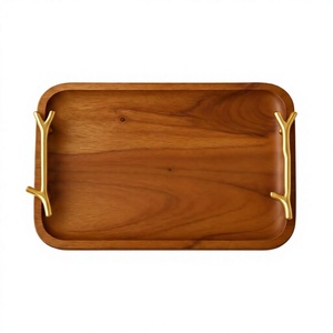 Bandeja de Servir Cuadrada Decorativa de Madera de Acacia Hind Craft Living, con Asas Doradas, Multifuncional, de Lujo, para el Hogar, Diwali - Product Image 1