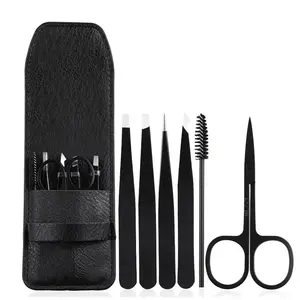Hot Sale Eyebrow Trimmer Tweezers Set Curved Brow Scissors With Black PU Travel Case Eyelash Tweezer Kit