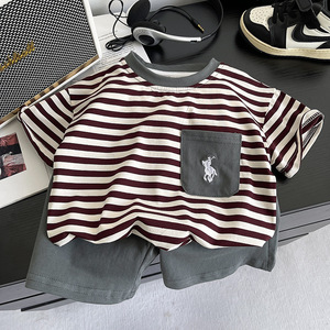 Conjunto de <span class=keywords><strong>Ropa</strong></span> de Verano 2025 para Niños, Informal, de Dos Piezas, con Cuello a Rayas, Manga Corta y Pantalones Cortos, de Algodón, a la Moda - Product Image 6