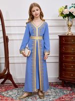 Robe traditionnelle arabe R-784 pour filles, en polyester, longueur cheville, manches longues, bordure en dentelle, vêtements pour enfants