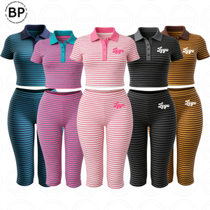 Clothing Manufacturers for Women Cotton Knit Strips 2 Pieces Set Crop <strong>T</strong> <strong>Shirt</strong> With Button and Capri Skinny Loungewear Women Set - Product Image 1
