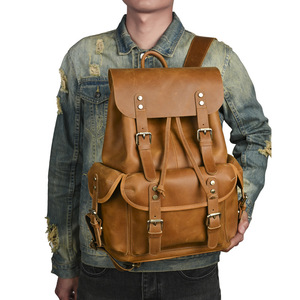 Genuine <b>Leather</b> <b>Backpack</b> Men <b>Large</b> Capacity 36-55L Outdoor Travel Business Use Solid Color Crazy Horse <b>Leather</b> - Product Image 1