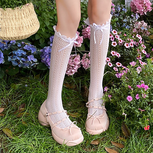日本スタイルかわいいキュートなストッキングちょう結び膝セクシーなメッシュ網タイツ JK ロリータ甘い女の子レースフリルフリルロングソックス - Product Image 3