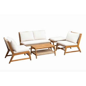 Ensemble de canapés d'extérieur en corde tressée ronde résistante aux UV, respirant, en bois d'acacia moderne, avec coussins, pour hôtel, resort, patio. - Product Image 1