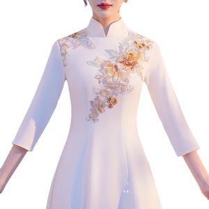 Chinese Style Cheongsam Long Dress Light Champagne Polyester Banquet Evening Gown Women's Traditional Formal Wear - Product Image 5