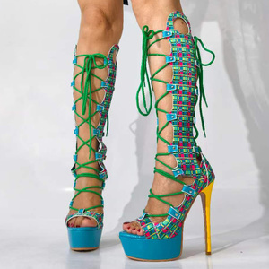 <span class=keywords><strong>Botas</strong></span> Altas de <span class=keywords><strong>Plataforma</strong></span> con Estampado a Cuadros y Punta Abierta para Verano, Sandalias con <span class=keywords><strong>Cordones</strong></span> para Mujer, Tallas Grandes 47, Zapatos de Tacón Alto, Botines Largos con Recortes - Product Image 1