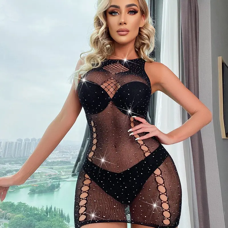 Venta al por mayor Porno Mujeres Sexy Body Stocking Fishnet Crystal Diamonds Rhinestone Lencería Vestido Bodystockings