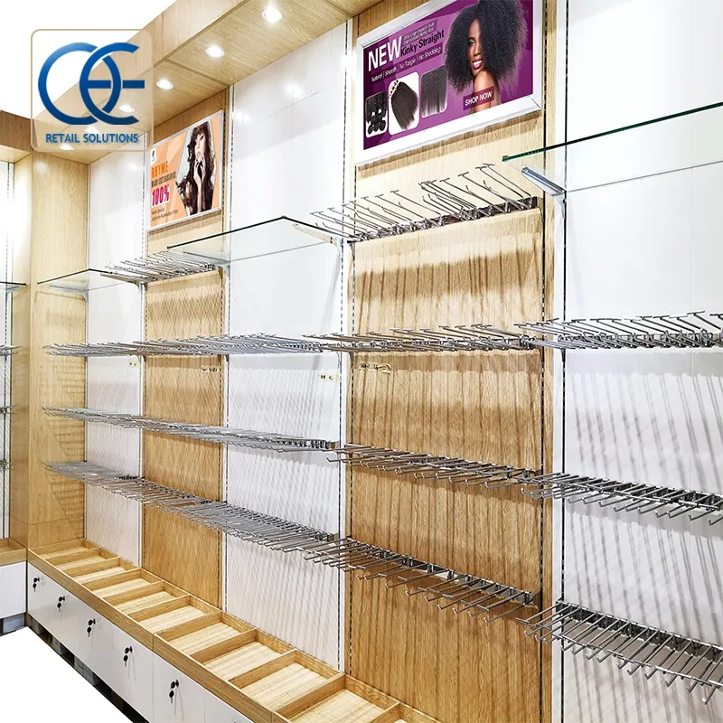 Retail Hair Salon Furniture Hair Extension Wig Shop Display Shelf Human Hair Display Cabinet with Lights