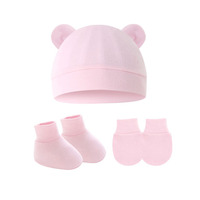 Gorro de bebé de color liso, gorro de bebé con orejas, guantes y cubrepies, Juego de 3 piezas de 0 a 6 meses