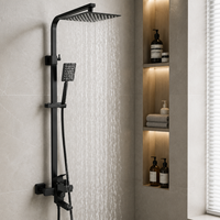 Système de douche noir mat 3 voies mural avec pommeau de douche carré et bec de baignoire