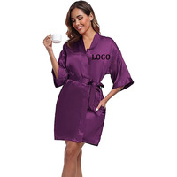 Vente flash - Robe de bain en satin pour femme, imperméable, avec logo personnalisé, noire et violette, pour salon de coiffure, spa et institut de beauté