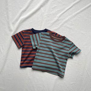 Kore tarzı 2025 INS stil yaz çizgili boyun kısa kollu T-Shirt bebekler için giysi saf pamuk rahat bebek gömlek - Product Image 5
