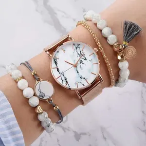 6199 Elegant 5pcs Ladies Quartz Watches Set Marbling Mesh Belt Rose Gold Women Wrist Watch With White Beads Bracelets Sets