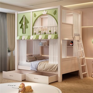 JS FURNITURE <span class=keywords><strong>Lit</strong></span> double pour enfants en bois massif au design unique, mobilier de chambre à thème vert <span class=keywords><strong>avec</strong></span> <span class=keywords><strong>toboggan</strong></span> en arc et escalier de rangement - Product Image 1