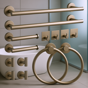Juego de Accesorios de Baño de Acero Inoxidable con Acabado de Latón Cepillado, Montado en la Pared, Toallero, Anillos, Ganchos, Diseño Minimalista - Product Image 2