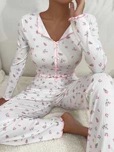 I-0627 Pyjama d'été décontracté deux pièces pour femme, imprimé cœurs, logo frontal, taille élastique, doux et respirant, polyester/coton - Product Image 6