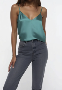 Custom Women's Satin V-Neck <b>Spaghetti</b> <b>Strap</b> <b>Tank</b> <b>Top</b> Asymmetric Elegant Solid Color Sleeveless Spring Summer Wear - Product Image 4