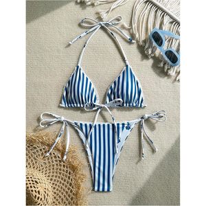 FOXA Women's Two Piece Striped <b>Bikini</b> Set Halter <b>String</b> Thong Reversible Swimwear Spandex Polyester Bathing Suit - Product Image 3