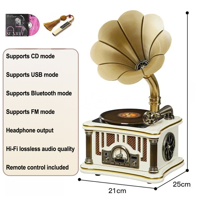 Retro Desktop Turntable Player with CD USB BT FM Radio Headphone Output and Remote Control Vintage Gramophone for Home Bedroom