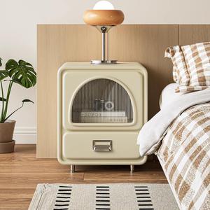 Creamy Yellow Nightstand With <b>Storage</b> <b>Drawer</b> And Glass Door For Bedroom Use - Product Image 3