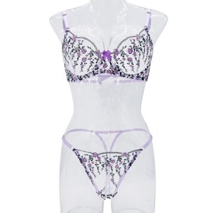 Purple Floral Embroidery Lingerie <b>Set</b> <b>Sexy</b> Sheer Mesh Underwire Bra and Thong Panties <b>Set</b> 2 Piece Elegant Lace Intimates <b>Set</b> - Product Image 5