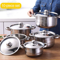 Lot de 10 casseroles en acier inoxydable argenté, ensemble de batterie de cuisine 18-26 cm, faitout avec couvercle et poignée métallique pour cuisine et restaurant