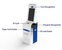 Máquina de autoservicio de 21.5 pulgadas para reemplazo de certificados con lector de códigos de barras SDK, de pie, basada en Android, para pasaportes, tarjetas de identificación e IC