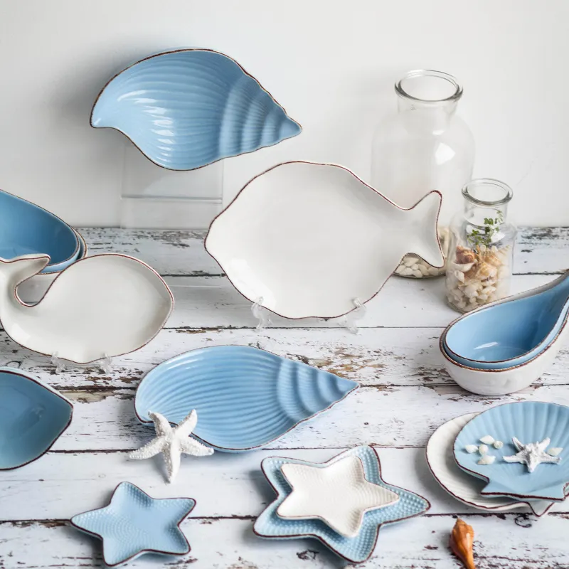 Haushalt Mini Candy Snacks Servieren Geschirr Keramik Geschirr Restaurant Ozean Unregelmäßige Form Weiß und Blau Teller