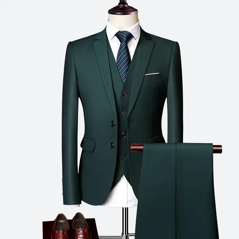Lüks 3 adet erkek düğün takım elbise moda erkek ince düz renk iş ofis takım elbise setleri büyük boy erkek blazer + pantolon + yelek 10%