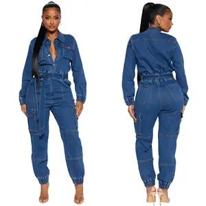 L5788 Fashion Donkerblauwe Turn Down Hals Lange Mouw Knopen Vrouwen Denim Jumpsuits