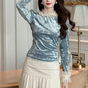 ZYHT collezione primavera 91435 grazioso <span class=keywords><strong>pizzo</strong></span> impreziosito t-shirt a manica lunga <span class=keywords><strong>blu</strong></span> in velluto Bodycon top da donna camicetta da donna - Product Image 2