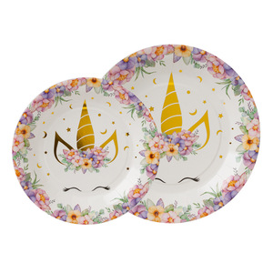 Kit de Artículos para Fiesta de Unicornio, Platos de Papel, Vasos, Gorros, Decoraciones Desechables con Estampado Dorado para Fiestas Infantiles - Product Image 3