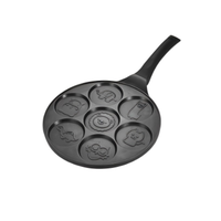 Poêle à crêpes en alliage d'aluminium antiadhésive noire, 7 moules, pré-culottée, avec poignée en bois, compatible gaz et induction